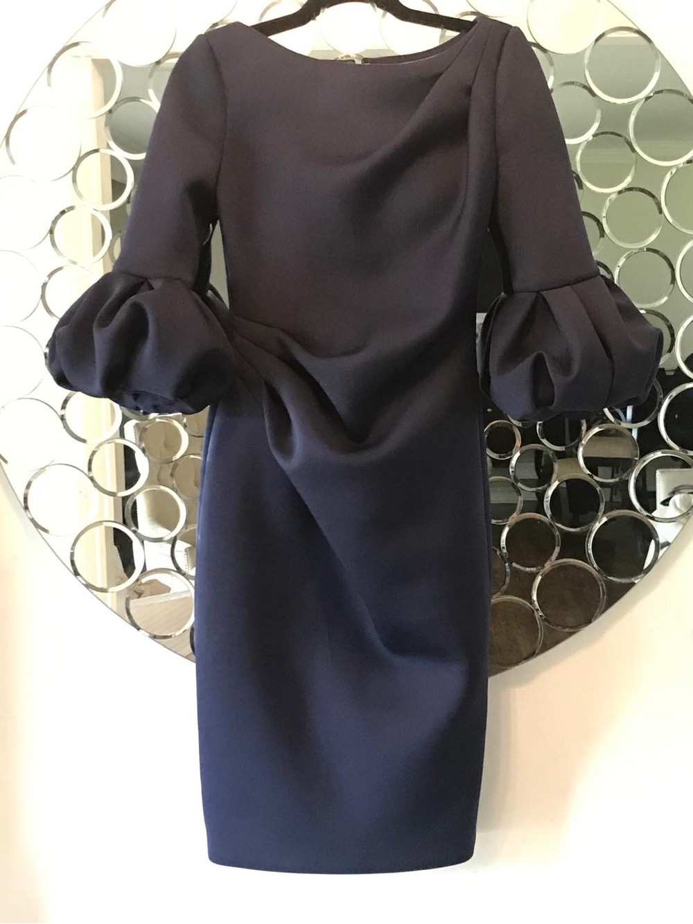 Jovani Navy Puff-Sleeve Bateau Midi Dress